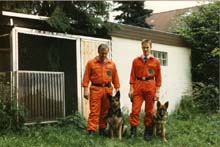 My dad and his dog "Anka" and me and my first dog "Wolf"